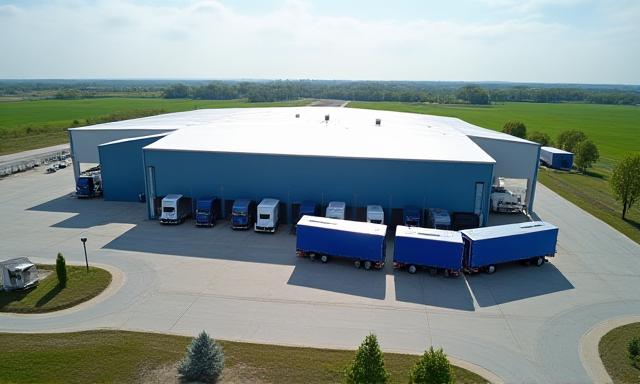 Aerial drone shot of the J E M Transportation warehouse and truck yard in Pewamo, Michigan