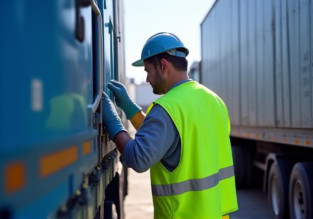 Professional cargo inspector verifying securement and HAZMAT placarding on a freight trailer