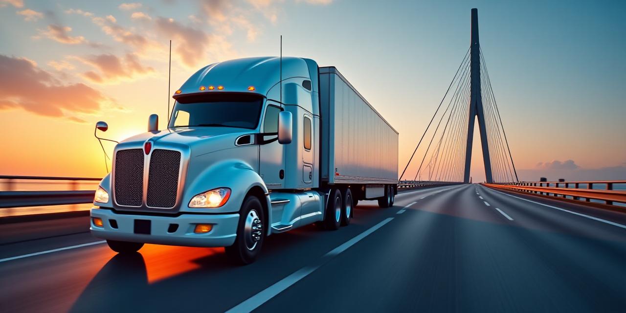 A J E M Transportation heavy-duty truck crossing the international border bridge at sunset