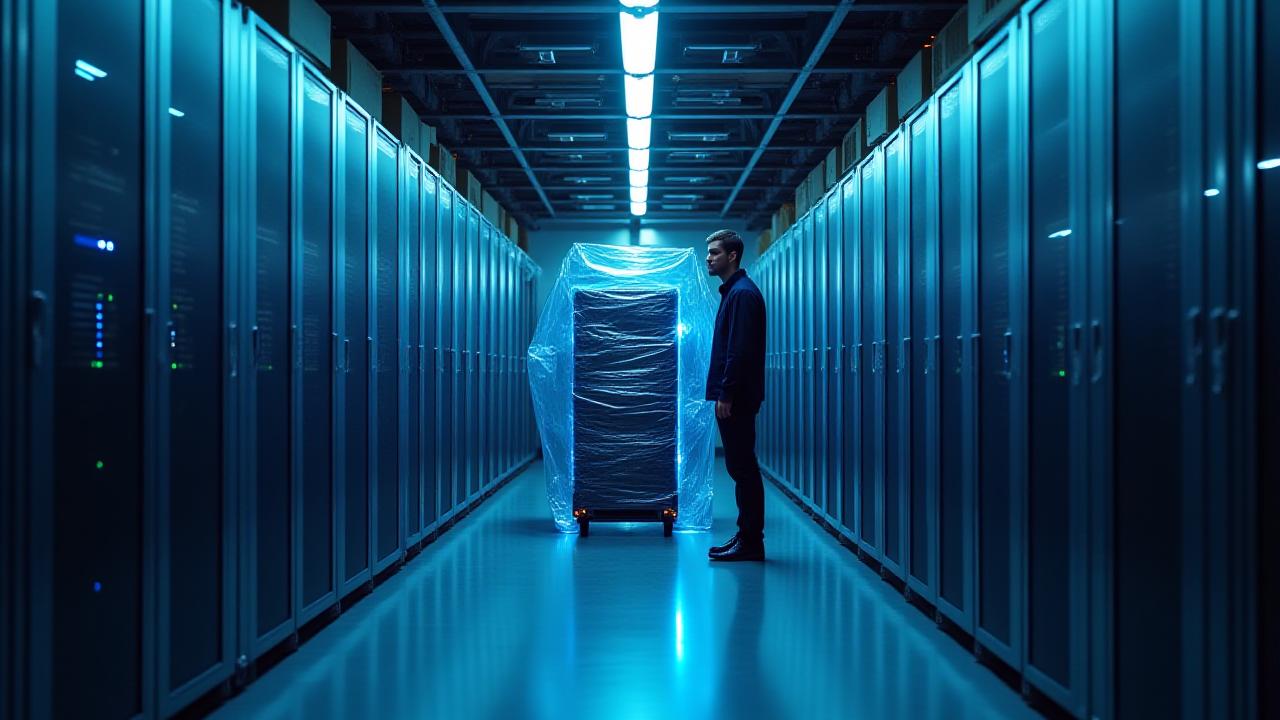 Modern data center server racks being prepared for specialized transport