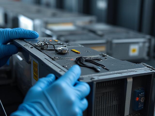 Specialized logistics technician securing high-value server equipment in a padded transport vehicle