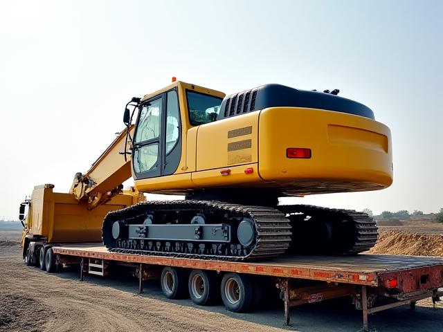 Heavy industrial excavator on trailer