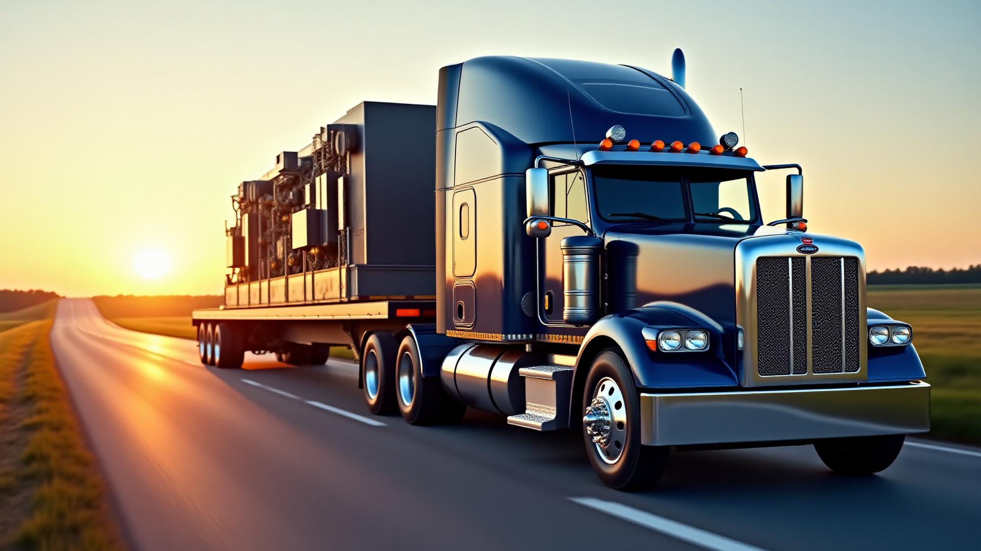 Heavy industrial equipment secured on a J E M Transportation flatbed truck