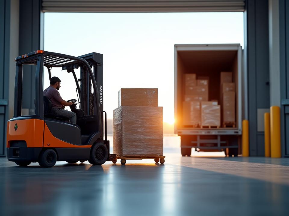Forklift operator efficiently moving pallets in a high-tech J E M Transportation warehouse facility